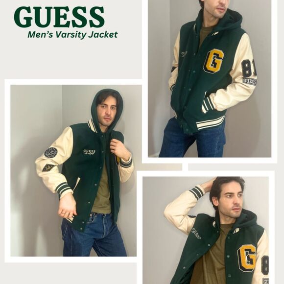 NWT GUESS Varsity Jacket Men’s M Double-Layered Hoodie Green & Cream - Picture 2 of 6